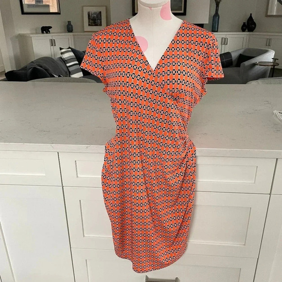 Jones New York Signature Petite Cap Sleeve Print Faux Wrap Dress Orange Sz MP - Picture 1 of 10